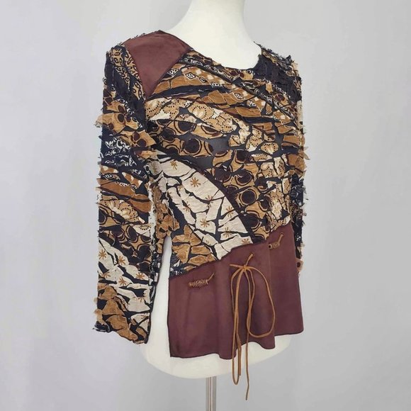 Punky Girl Brown Multi Print Distressed Beaded Top - Picture 9 of 15